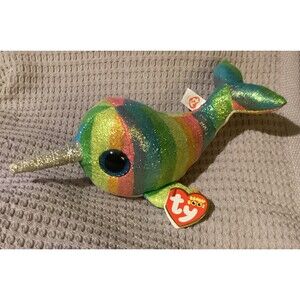 TY Beanie Boos Nori The Narwhal w/ Blue Glitter Eyes 9" NWT 2018 Tye Dye Color
